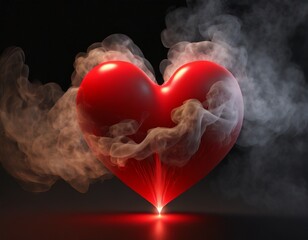 Abstrakcyjne czerwone serce wśród dymu. Walentynki. Generative AI - obrazy, fototapety, plakaty