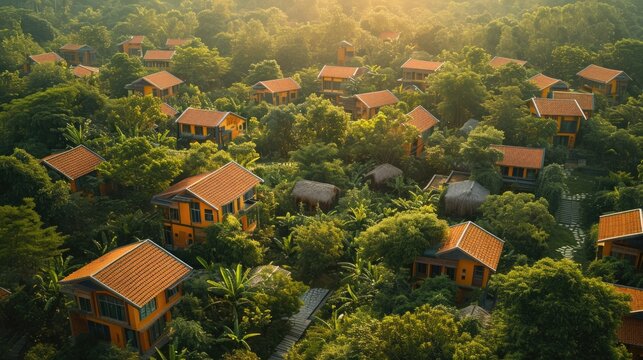 Aerial View of a Smart Eco-Village, showcasing sustainable living with a twist of vibrant, morning colors
