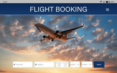 Online flight booking website interface with information