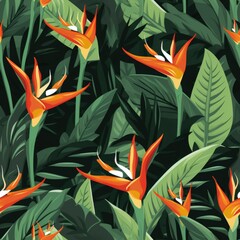 Seamless tropical pattern with flowers. tropical plants, simple, flat style, Strelitzia plant,