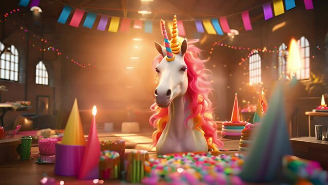 A colorful unicorn with a vibrant mane stands in a festive party room with bunting lights and birthday cakes