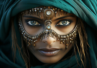 Close up of eyes of beautiful young Indian woman. Woman's Day. Tradition and culture. AI generated