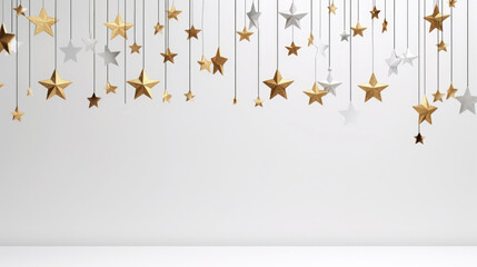 Bunch of gold stars hanging from strings. Perfect for adding touch of sparkle and celebration to any project.