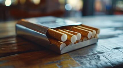 Pack of cigarettes placed on rustic wooden table. Suitable for illustrating smoking habits and addiction. Ideal for tobacco-related articles or campaigns. - obrazy, fototapety, plakaty