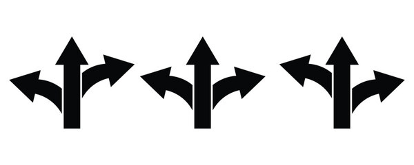 Three way arrow, three directional arrow vector isolated on white. - obrazy, fototapety, plakaty