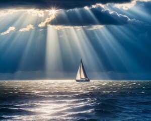 Sunbeam Through Clouds Over Ocean with Sailboat