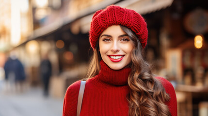 Woman wearing red hat and red sweater. Suitable for fashion, winter, and outdoor-themed designs.