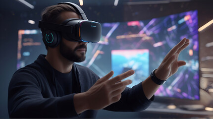 man wearing a pair of vr virtual headset in the metaverse - obrazy, fototapety, plakaty