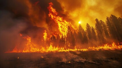 raging wildfire as it engulfs the serene woodland, painting the sky with billows of smoke