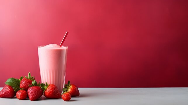 Fresh Strawberry juice. A glass of Strawberry juice with Strawberry on the table. Minimalism. Food photography. Horizontal format
