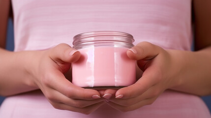 Woman is shown holding jar filled with pink liquid. This image can be used to represent beauty products, skincare routines, or wellness concepts.
