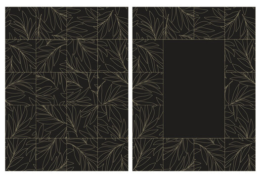  Floral tropical background with golden line leaves. Vector collection black and gold elegant pattern for wedding invitation, restaurant menu, luxury brochure, business, sale template