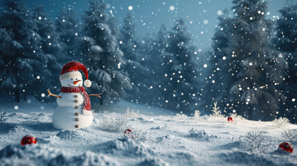 Snowman with red hat and scarf standing in snow. Perfect for winter-themed designs and holiday illustrations.