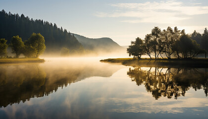 Tranquil scene of mountain peak reflects in pond generated by AI