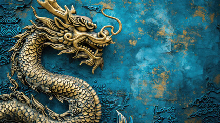 Majestic gold dragon displayed against vibrant blue wall. Ideal for fantasy-themed designs and decorations.