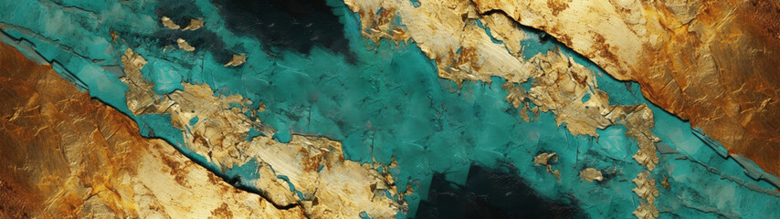 Closeup of abstract rough turquoise, golden art painting with oil brushstroke, pallet knife...