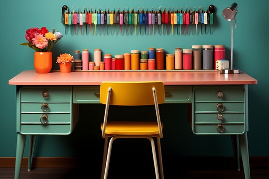 Top-down view of a school desk adorned with neatly organized stationery, such as pencils and paperclips, against a soothing pastel background