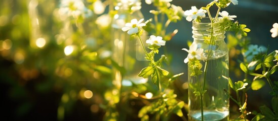 Closeup of small flowers growing vertically in a sunlit plastic bottle.