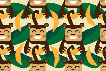 Funny, friendly, smiling, cute, nice, lovely, adorable, cartoon monkey with banana in the jungle. Seamless colorful vector pattern for design and decoration. - obrazy, fototapety, plakaty