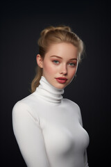 model woman in white glittery turtleneck 