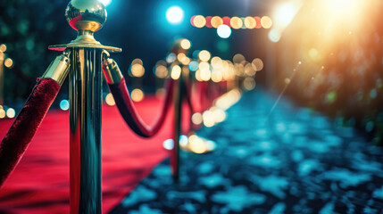 Luxurious red carpet with gold pole and red rope. Perfect for events and VIP entrances.