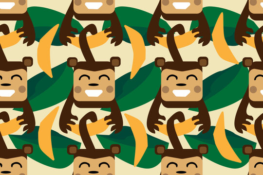 Funny, friendly, smiling, cute, nice, lovely, adorable, cartoon monkey with banana in the jungle. Seamless colorful vector pattern for design and decoration.