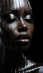 Portrait of a beautiful african american woman with black skin and metallic make-up
