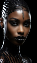 Close-up portrait of a beautiful african american girl with black makeup.