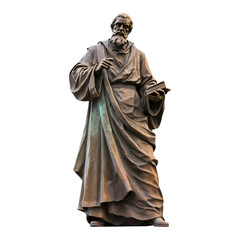 Old weathered standing Philosopher statue, isolated on white and transparent background