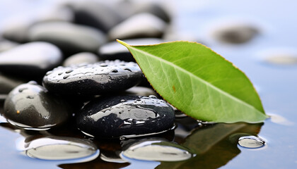 Tranquil scene of green leaf, wet pebble generated by AI