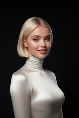 model woman in white glittery turtleneck 