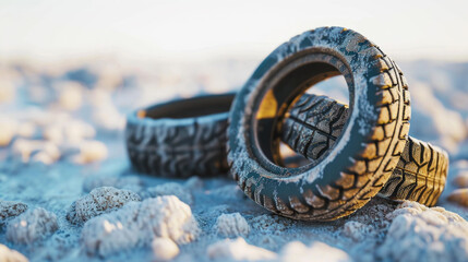 Couple of tires sitting on top of sandy beach. Perfect for beach-themed designs or environmental concepts.