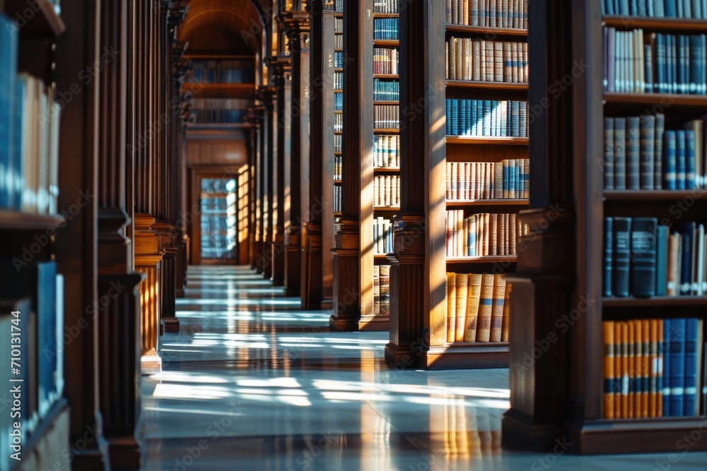 Poster a long hallway filled with rows of books. perfect for educational or library themes