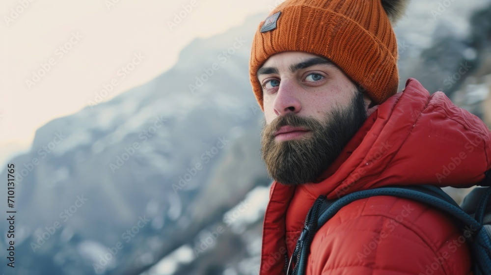 Poster A man with a beard wearing a red jacket. Suitable for various concepts and themes
