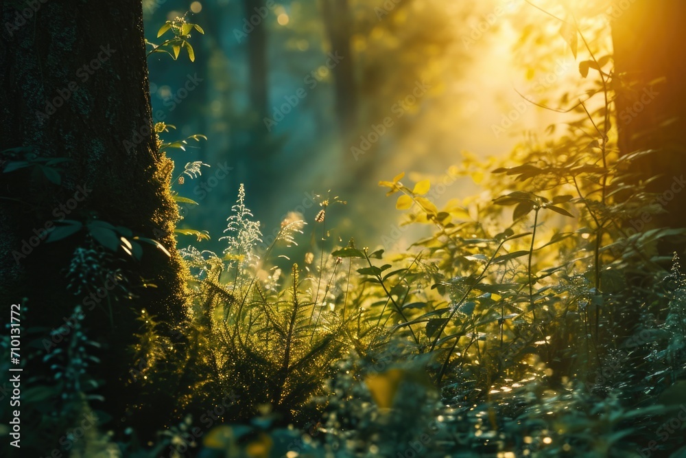Poster sunlight filtering through the trees in the forest. perfect for nature and outdoor themed designs