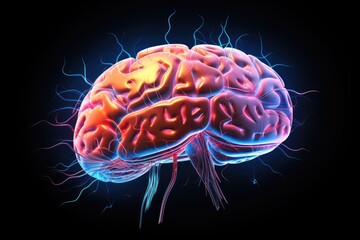 Fototapeta premium Brain dynamic neural rhythms through oscillations and spike trains. Neuroimaging and brain mapping, patterns of neuronal ensembles. Symphony of brain signals, dance of neural activity and cognition