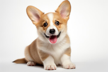 Obraz premium Small brown and white dog sitting on white surface. Can be used for pet-related content or product promotions.