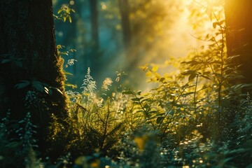 Sunlight filtering through the trees in the forest. Perfect for nature and outdoor themed designs