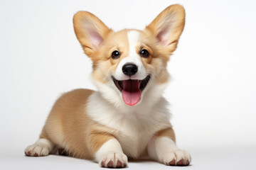 Obraz premium Brown and white dog is pictured laying down with its mouth open. This image can be used to depict relaxation or playful moment with pet.