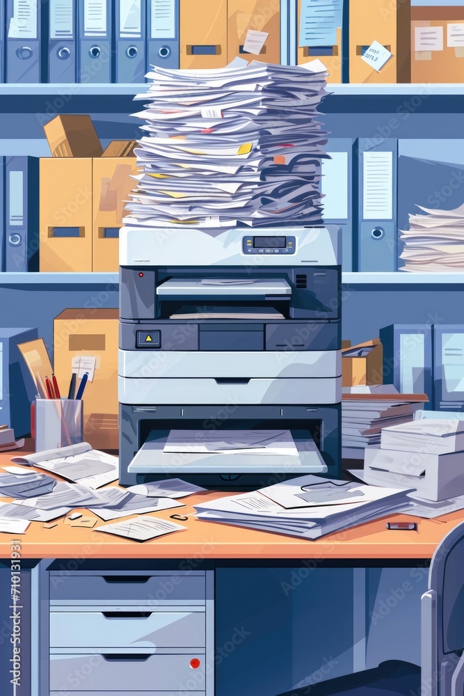 Poster a pile of papers sitting on top of a desk. ideal for office and administrative concepts