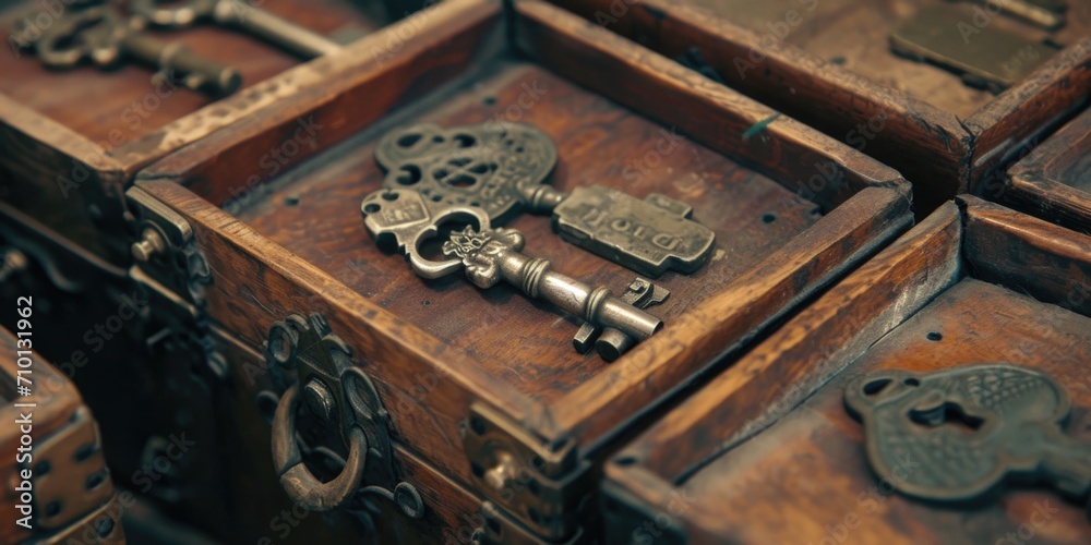 Poster a collection of vintage keys arranged on top of a wooden box. perfect for adding a touch of nostalgi