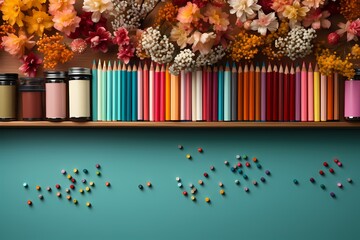 Top-down view of a school desk adorned with neatly organized stationery, such as pencils and paperclips, against a soothing pastel background - obrazy, fototapety, plakaty