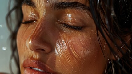 A close-up view of a woman's face with water droplets on her skin. This image can be used to depict concepts of purity, freshness, skincare, or natural beauty