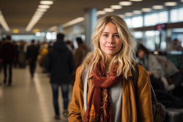 Fototapeta premium Woman standing in airport wearing scarf. This image can be used to depict travel, waiting, or airport scenes.