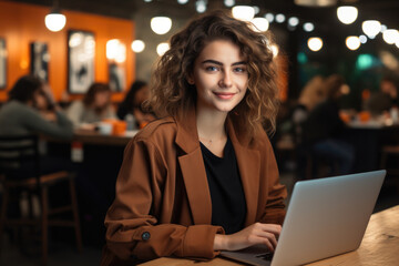 Woman is pictured sitting at table with laptop. This image can be used to represent remote work, online learning, or technology use in various settings.