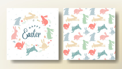 Set of Easter greeting card and seamless pattern with bunnies, spring template. Happy Easter