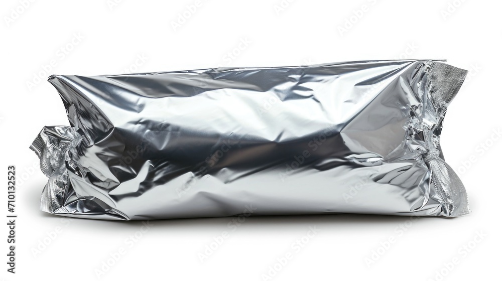 Poster a silver foil bag is placed on top of a clean and white surface. this image can be used to represent