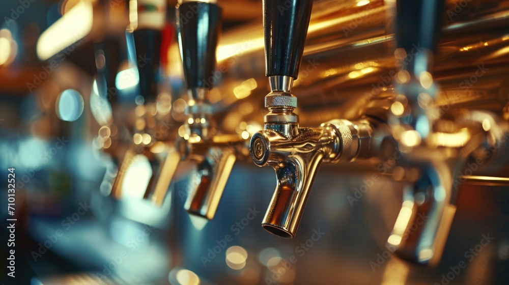 Poster a row of beer taps in a bar. ideal for use in articles or advertisements related to craft beer, bars