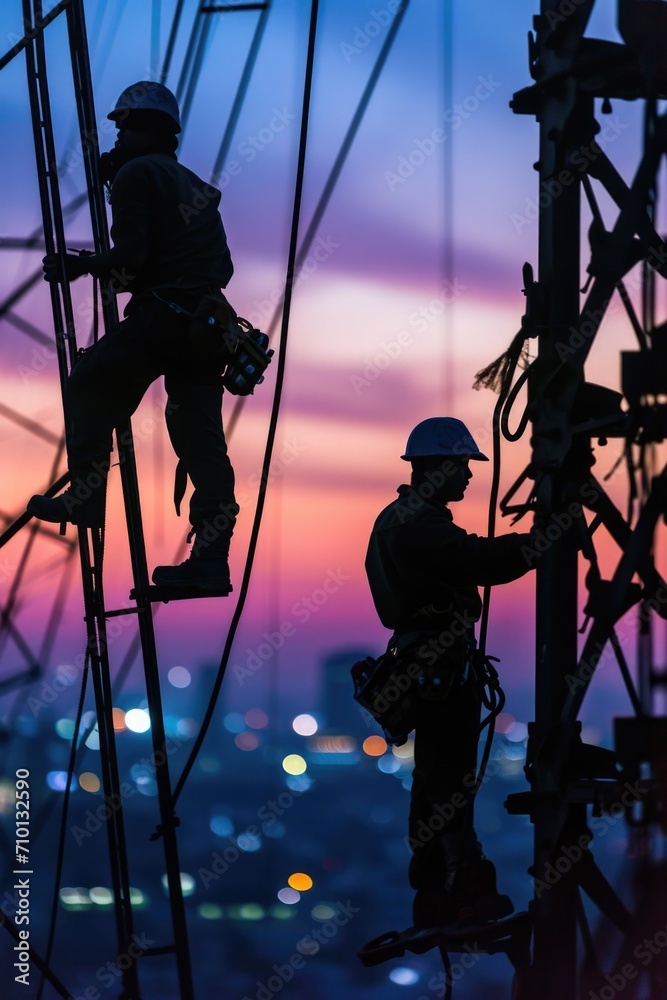 Poster two men standing on top of power lines. suitable for illustrating the concept of danger or risk asso