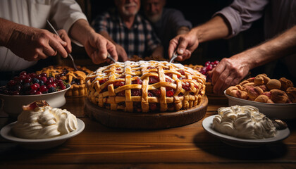 Family celebration indoors, homemade sweet pie on table generated by AI